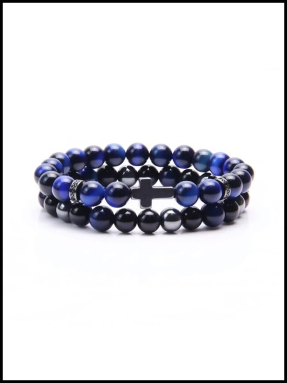 Triple Protection Cross Bracelet Set for Men - Black Obsidian Stainless Steel